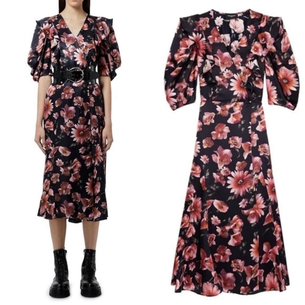 The Kooples Black Silk Blend Floral Puff Sleeve Ruffle Midi Dress Size 3